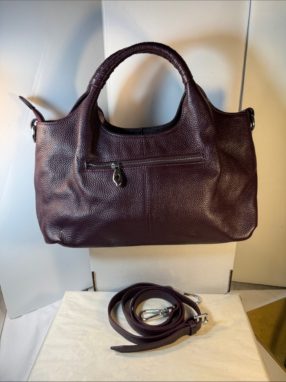 Pebbled Leather Shoulder Satchel in Deep Plum